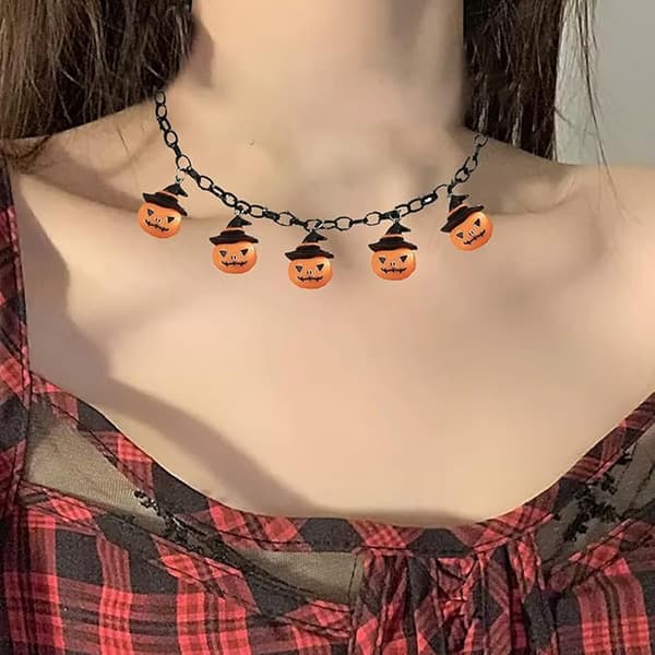 2 stk. græskarhalskæde til kvinder, flagermushalskæde, Halloween-halskæde, hat-choker-halskæde, sort kædehalskæde til Halloween Jack-O-Lantern