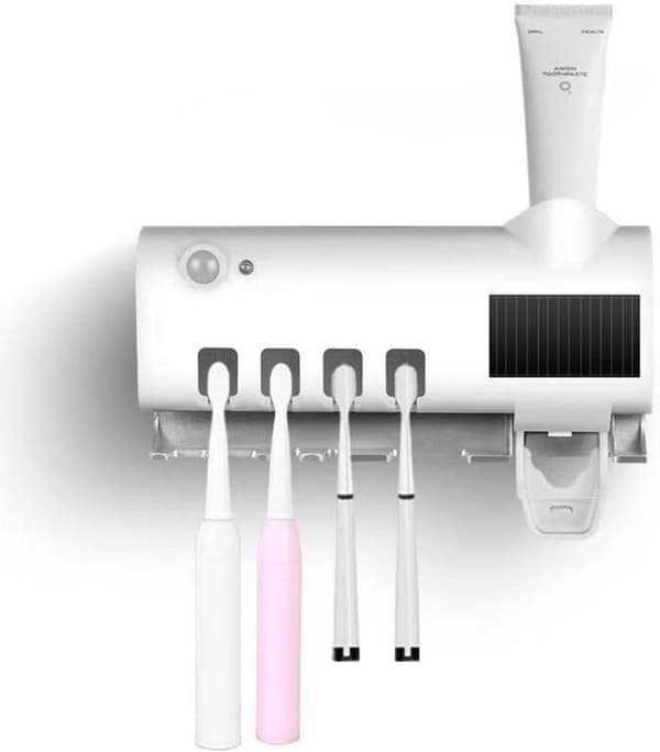 Automatisk tandkrämsdispenser & hållare för 4 borstar - Väggmonterad smart dispensering med rörelsesensor & solcellsladdning