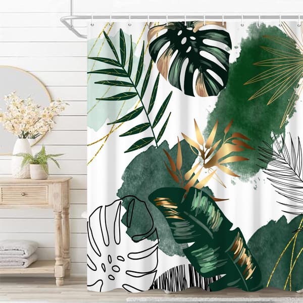 Boho Löv Duschdraperi 48 × 72\" Grön & Guld Tropisk Lövdesign Polyester Badrumsgardin för Modern Heminredning