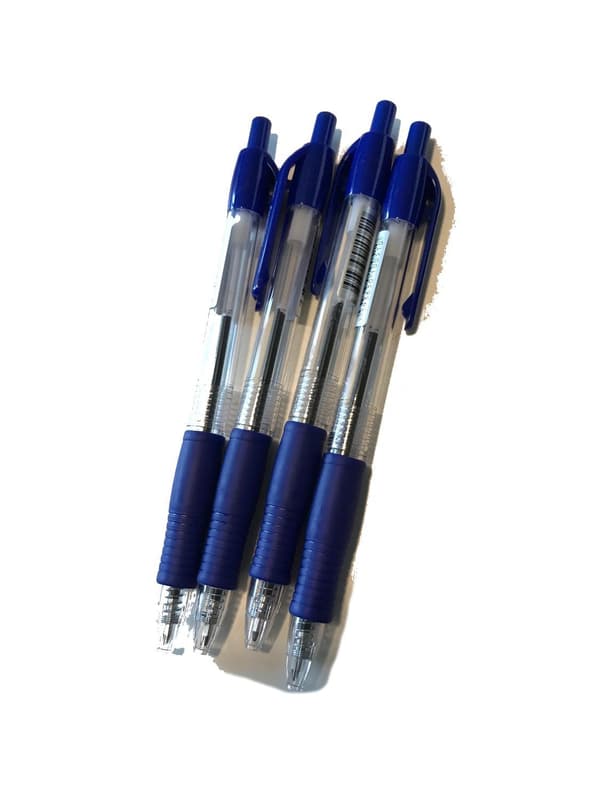 4 bläckpennor, blå skrift