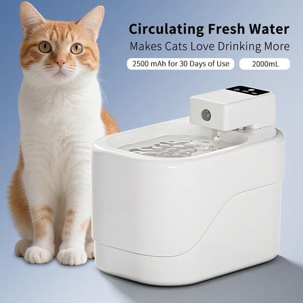 Automatisk kattvattenfontän — 2000 ml cirkulerande vattendispenser med rörelsesensor, tyst pump och 30 dagars användning.