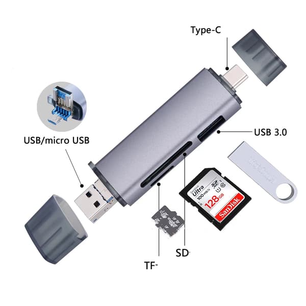 6-i-1 OTG Multifunktionskortlæser med Dobbelt Interface til Mobiltelefon, Computer, Kamera, TF/SD-kort U