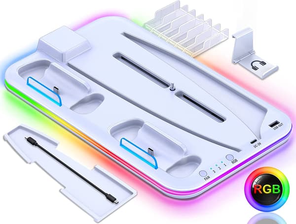 PS5-stander med kølestation og controller-ladestation PS5-tilbehør - Køleventilator RGB LED-hovedtelefonholder 6 PS5-spillepladser White