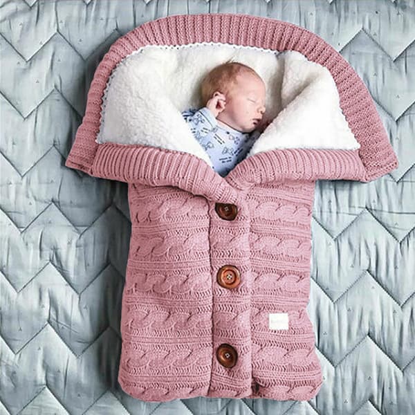 Chunky stickad babysovsäck, fuskcashmerefoder, nyföddssvaddel, barnvagnsfilt