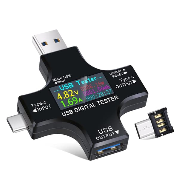 USB C-testare, 2-i-1 Typ C USB-testare Färgskärm IPS Digital Multimeter, Spänning, Ström, Effekt, Temperatur