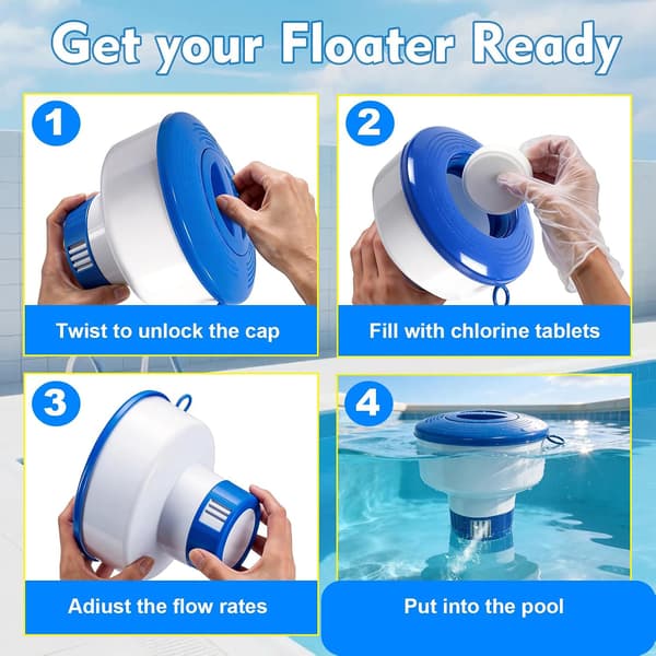 Flytande klortablettdispenser för pooler 7\" diameter poolklorflottör passar 3\" tabletter med justerbara flödesventiler balanserade simbassänger spa