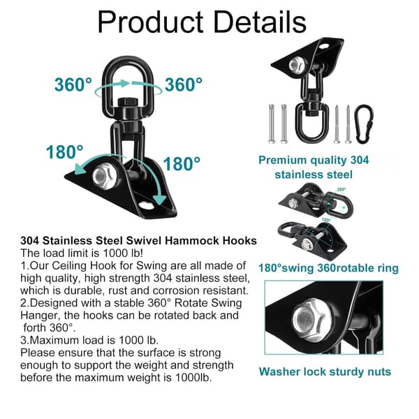 Hængekøje ophængssæt sort hængestol hardware 360° rotation kraftig 1200 lbs bærende rustfrit stål gyngekrog loftkrog