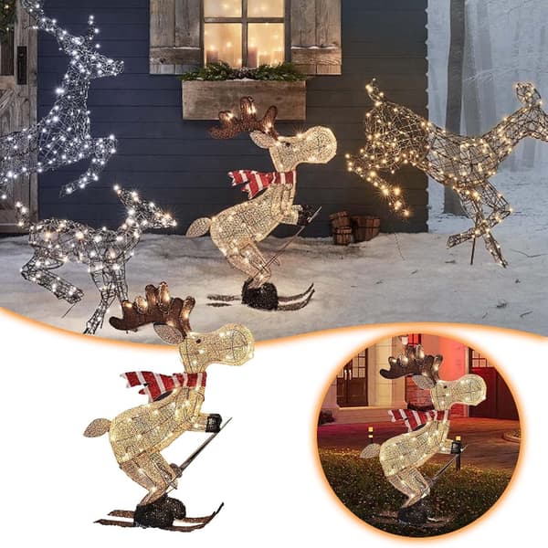 Udendørs Julefigur LED Ski Lyser Elg Havepynt Ornament 35cm