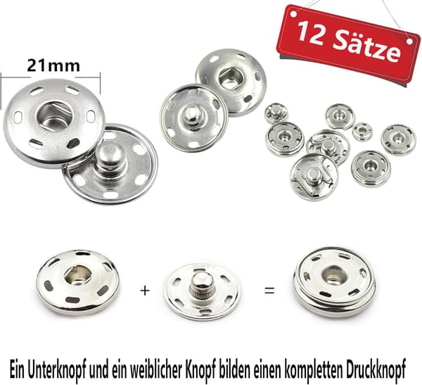 12 set med 21 mm metalltryckknappar för kläder, handväskor, DIY