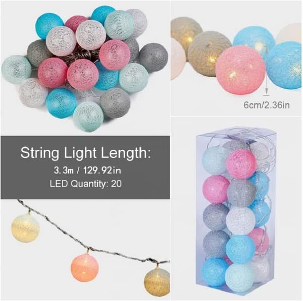 Bomullsboll Ljusslinga - 3M 20 LED Globe Ljusslinga (USB)