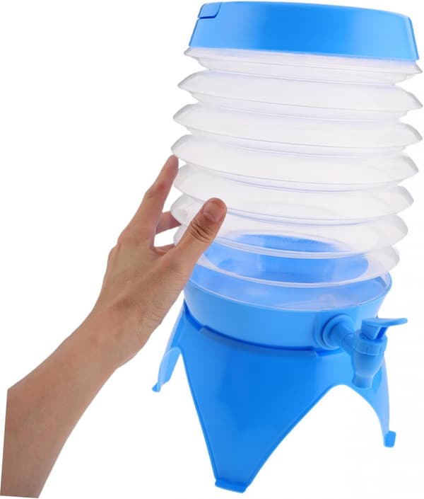 Vattendispenser: Vikbar dunk, pip, stativ, 5,5 liter, blå/transparent (vikbara vattenbehållare)