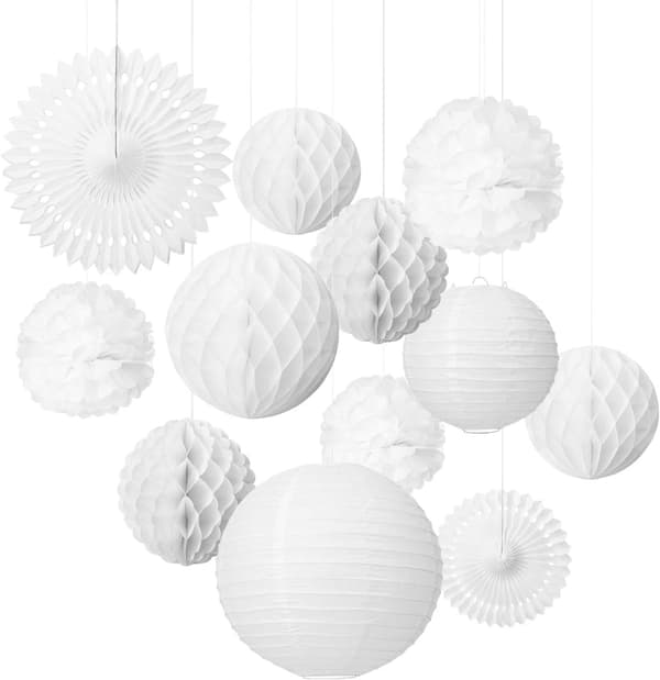 12x Lyktor Pom Poms Honeycomb Bollar Fläkt Dekorationsset för Bröllopsfest