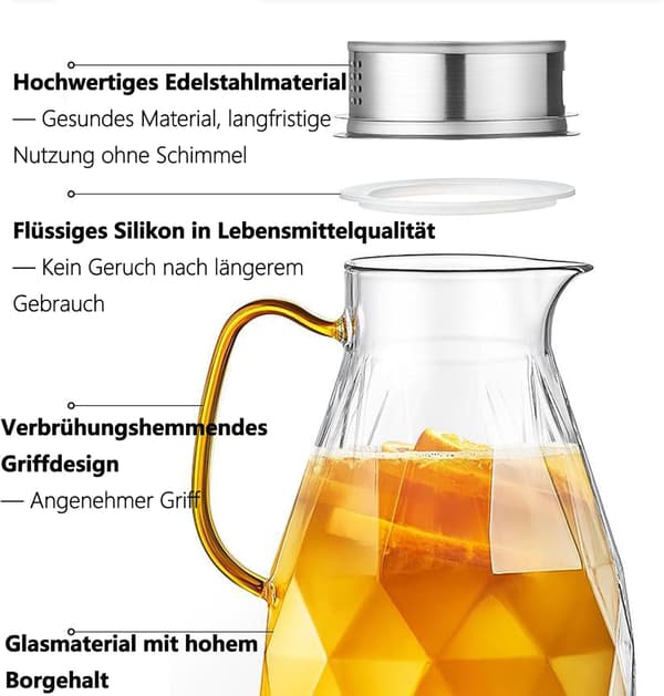 Borosilikatglaskaraff med lock och pip - 2L glaskanna