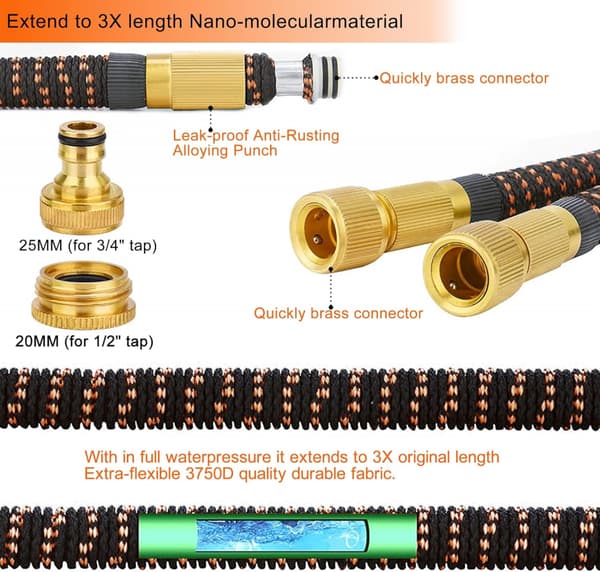 (30 m) Pocket Hose Copper Bullet Expanderbar Trädgårdsslang med Mönstrat Tumgrepp 7,5 m Patenterad Blyfri Ultralätt Solid Koppar