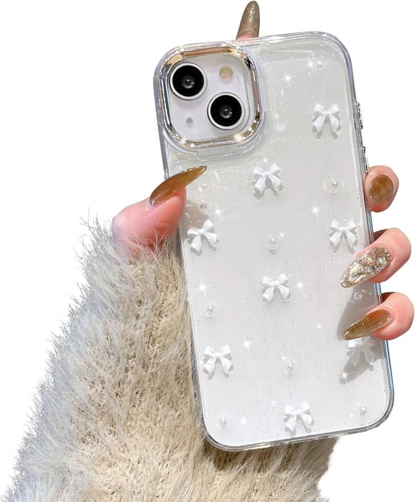 Case for iPhone 15 Plus, Bling Glitter 3D Bow Phone Case Cute Glittery Crystal Clear Bow Slim Soft Durable Protective Case Whit iPhone 15 Plus