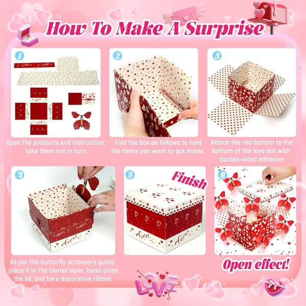 Red Hearts Explosion Present Box, 4st Flying Butterfly White Surprise Present Box med Red Heart Confetti, DIY Exploding Surprise Box med White Heart