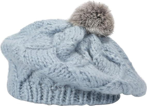 Blå dame vinter strikket baret hue mode imiteret pels pompom varm baret