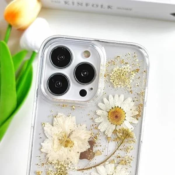 iPhone 13 Pro Transparent Case with Pressed Real Flowers Design, Glitter Cute White Floral Pattern Slim Soft TPU Case