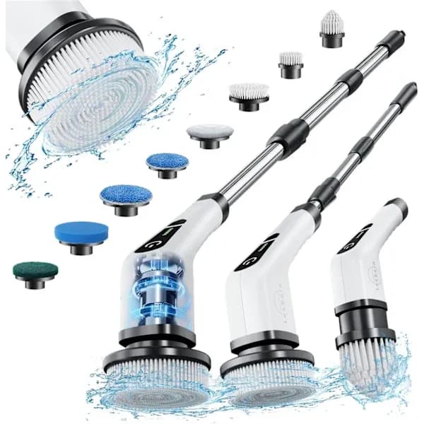 QU-Electric Rotary Cleaning Brush with 8 Replaceable Brush Heads, with Adjustable Handle for Bathroom, Kitchen, and Car