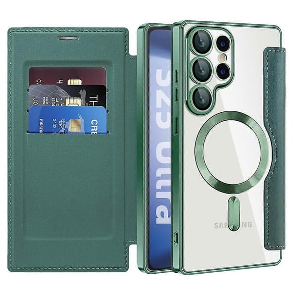 For Samsung Galaxy S25 Ultra Mobile Phone Case Compatible with MagSafe RFID Blocking Leather Case (Black Green)