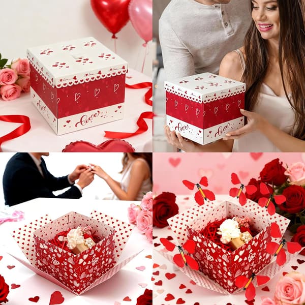 Red Hearts Explosion Present Box, 4st Flying Butterfly White Surprise Present Box med Red Heart Confetti, DIY Exploding Surprise Box med White Heart