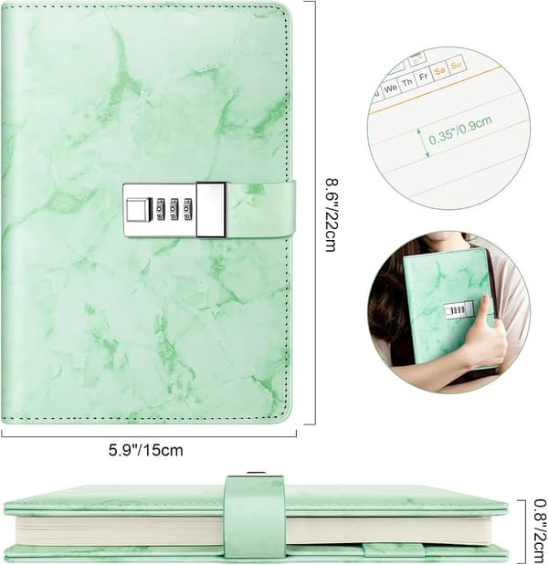 Marble Diary with Lock, Refillable A5 Daily Journal for Girls and Women, 192 Pages Cute Notebook with Combination Lock - Green
