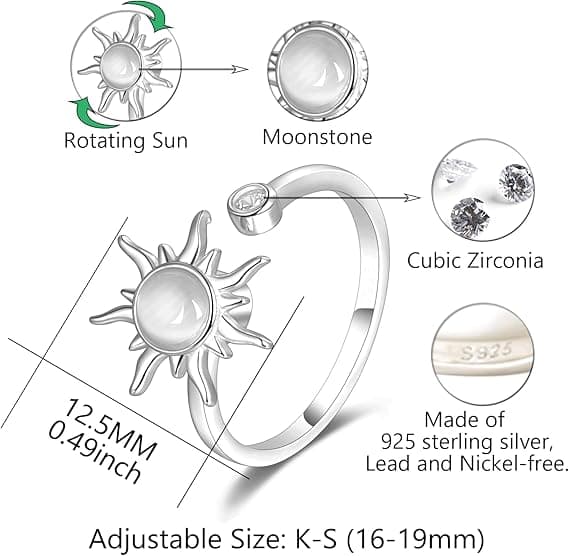 Roterende ring 925 Sterling Sølv Fidget Angstringer Åpen Justerbar Ring Måne og Stjerne Ring Månestein Sol Ring for Kvinner