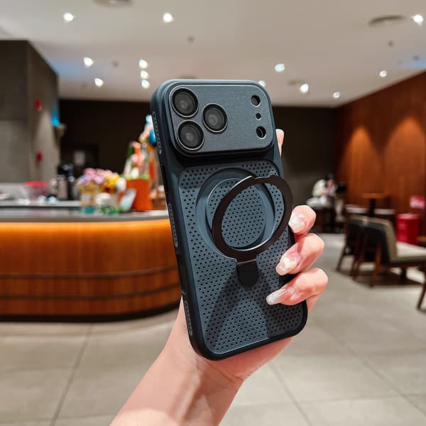 Magnetic iPhone Case with Cooling Vent and Round Stand, Honeycomb Heat Dissipation Design, Shockproof Protective Phone Case*iPhone 12 Pro Max*Black black iPhone 12 Pro Max