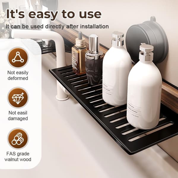 Walnut Shelf with Suction Cup for Bathroom Kitchen 2025 - 40cm Drill-Free Sink Organizer with Removable Design (Black)