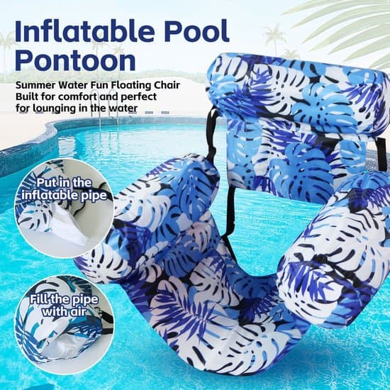 Inflatable Water Hammock Pool - Floating Water Chair With 3 Air Chambers - Inflatable Pool Lounge - Blue Leaf Pattern