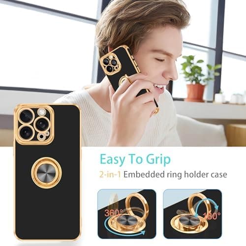 iPhone 16 Pro Max Case [with 360° Rotatable Ring Holder][Magnetic Car Mount Support] Glossy Gilded Thin Soft TPU