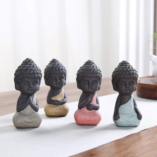 4 stk Mini søde keramiske Buddha-statuer, små bedårende munkefigurer