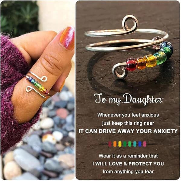 Til Min Datter - S925 Driv Din Angst Væk Regnbueperler Fidget Ring, Angstring Til Datter, Ring Med Perler Fidget Gave Til Kvinder Og Piger -