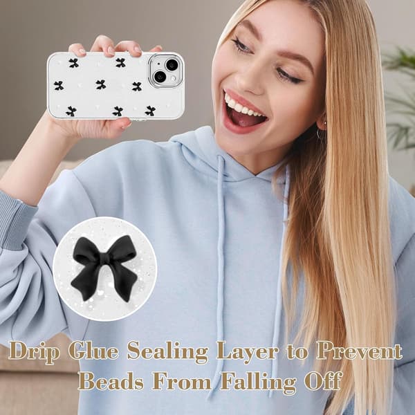 Case for iPhone 15, Bling Glitter 3D Bow Phone Case Cute Sparkly Crystal Clear Bow Slim Soft Durable Protective Cover Black iPhone 15