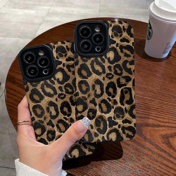Compatible with iPhone 14 Case with Trendy Brown Leopard Pattern Leather Simple Cute Case for Women Girls Soft Silicone Protective Case-Gold