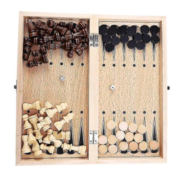 3-i-1 Schackbräde i Trä Resespel Schack Backgammon Dam Underhållning