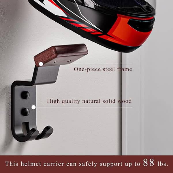 Helmet Holder Wall Mount Motorcycle Helmet Rack with Double Hooks Solid Wood & Steel Helmet Display Hanger for Helmets Jackets & Coats