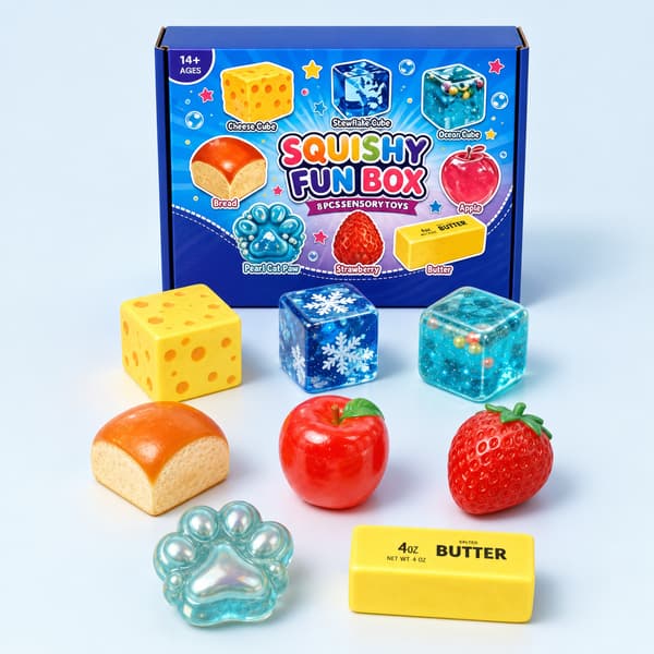 8-delad Squishy Fun Box, Mat och Klar Kub Sensoriska Stresslindrande Leksaker, Mjukt Klämbart Fidget Presentpaket
