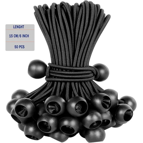 50-pak Bungee Balls, Sort Snor for UV-modstand, med Elastisk Snor til Stropper, Telte, Stænger og Kabler SORT (15 CM 6 TOMMER)