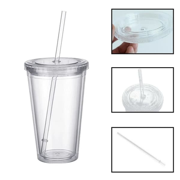Reusable Plastic Cups Double Wall Transparent Drinking Cup With Straw Reusable Cups Suitable For Fruit Juice