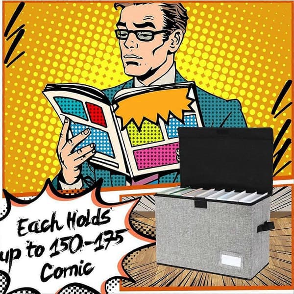 Comic Book Storage Box, Foldable Cardboard Box with Lid Holds 150 Comic Books, Gray Storage Container for Comic Book Collection and Organization