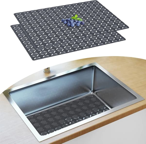 Sink Mat, 2 Pcs Sink Protector Mat for Ceramic/Stainless Steel Sinks, Cuttable Drain Mat 30 x 40 cm, Grey grey