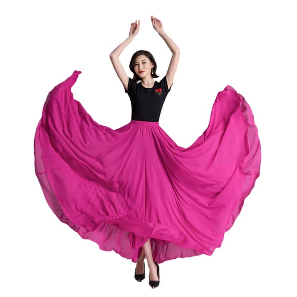 720 Silkeagtig Tynd Chiffon Elastisk Talje Lang Dansekjole til Mavedans Mørk Pink 85cm