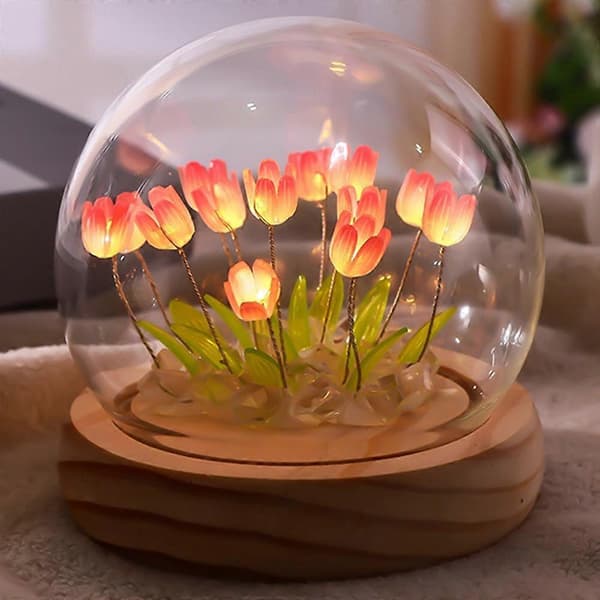 DIY Tulip Night Light LED Table Lamp with Glass Dome 13 Artificial Tulips Bedroom Desk (Type A)
