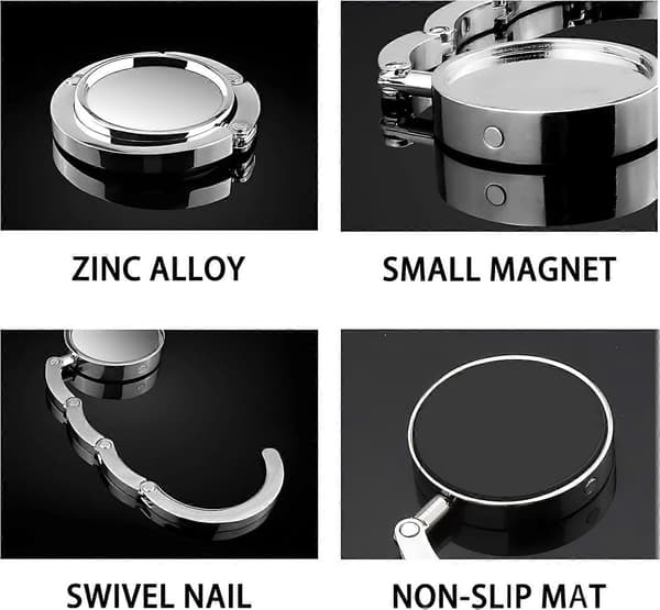 Portable Handbag Hooks 4-pack, Foldable Multifunctional Bag Hook for Tables, Desks, Restaurants, Silver Finish