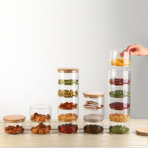 Airtight Storage Containers for the Kitchen, Stackable Three-Tier Glass Jars with Bamboo Lids, Multifunctional Clear Borosilicate Glass Storage, Microwave