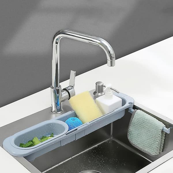 Telescopic Sink Organizer, Adjustable Dishcloth Holder for Sink, Extendable Sink Storage Rack with Home Kitchen (1 pc, Light Blue)