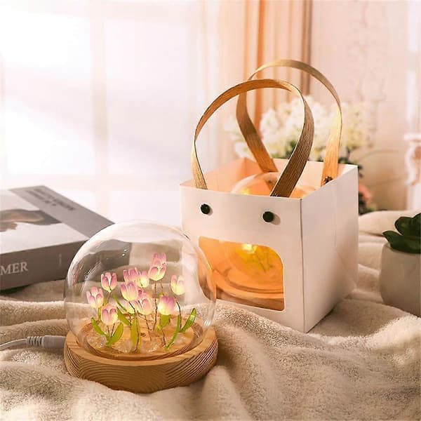 DIY Tulip Night Light LED Table Lamp with Glass Dome 13 Artificial Tulips Bedroom Desk (Type A)