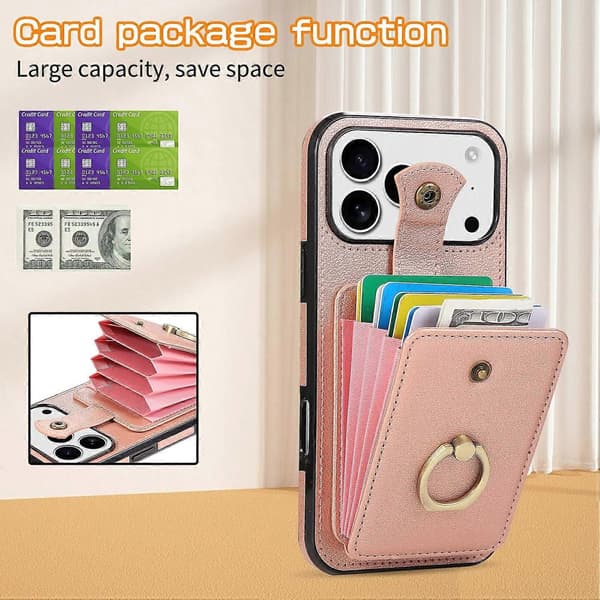 Mobile Phone Case for iPhone 17 Pro with Card Holder, Ring Stand, TPU PU Leather, Protective Case with Long Strap (Rose Gold, Rose Gold)