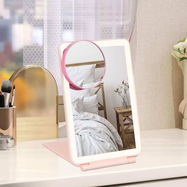 Foldable Makeup Mirror, Portable Lighted Makeup Mirror with 10x Magnification, Rechargeable Mirror with 3 Light Colors (Pink)